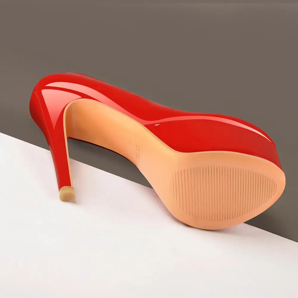 Onlymaker Women Platform Round Toe Pumps Slip On Stiletto Black Patent High Heels Wedding Party Plus Size Sexy Shoes