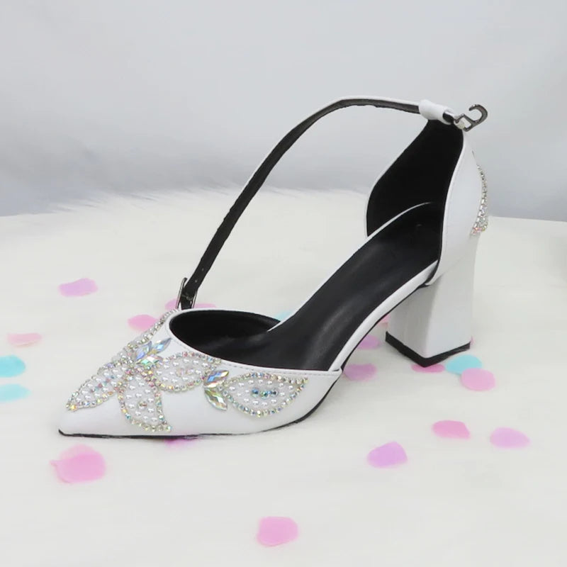 BaoYaFang White Beads Pearl wedding shoes Bride Pointed Toe Square Thick High Heel Party dress shoes and bag set Ankle Strap