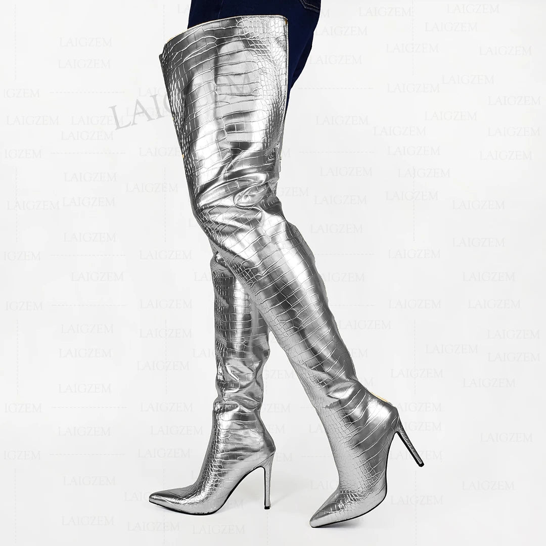LAIGZEM Women Crotch High Boots Full Back Zip Up Stiletto High Heels Boots Corcodile Print Ladies Shoes Woman Big Size 38 42 47