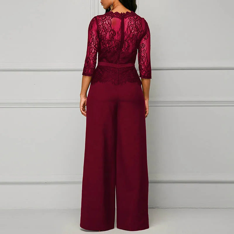 Sexy Lace Hollow Out Jumpsuits Women Spring Autumn Solid O-neck Half Sleeve Party Rompers Elegant Office Lady Wide Leg Overalls