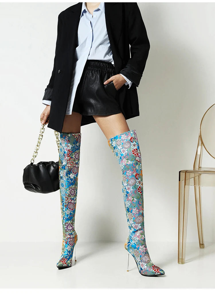 Western Embroidery Style Pointed Toe Over-The-Knee Women's Boots Ethnic Style Patterned Ultra-High Crystal Stiletto Long Boots