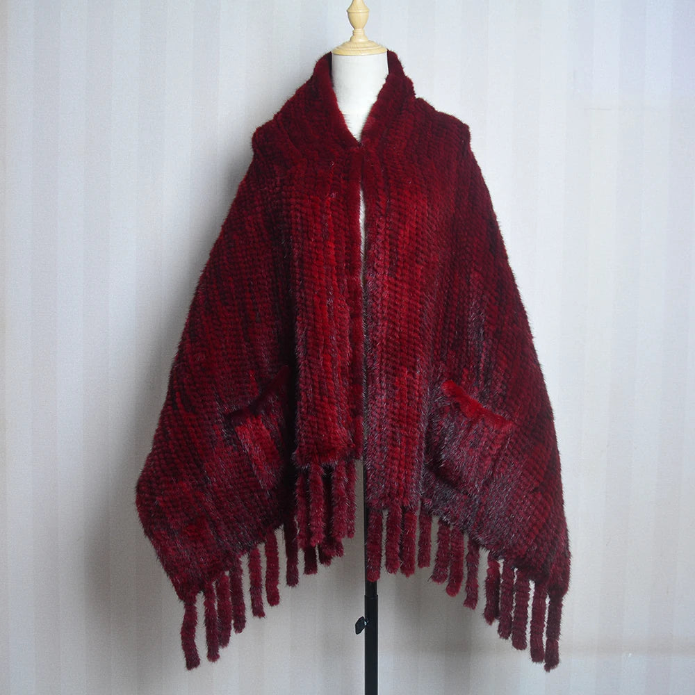 2026 New Women Genuine Knitted Mink Fur Showl Scarf Lady 100%Natural Real Mink Fur Shawl With Tassel Fashion Mink Fur Ponchos
