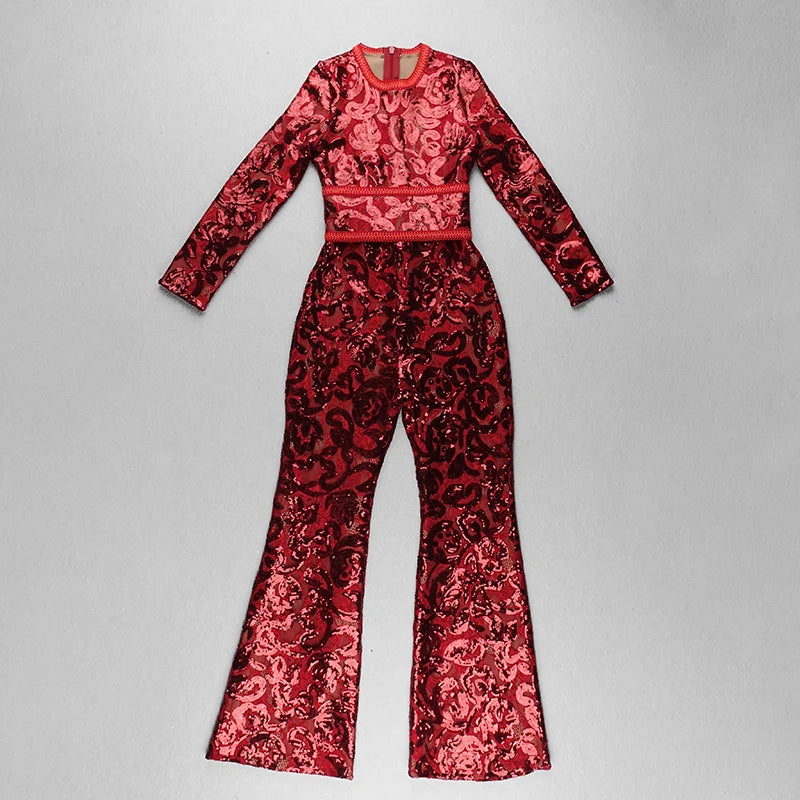 2021 Spring New Jumpsuits Hot Sale Sexy Lace Hollow Out Rompers Red Flame Pants Women's Fashion Club Street Wear