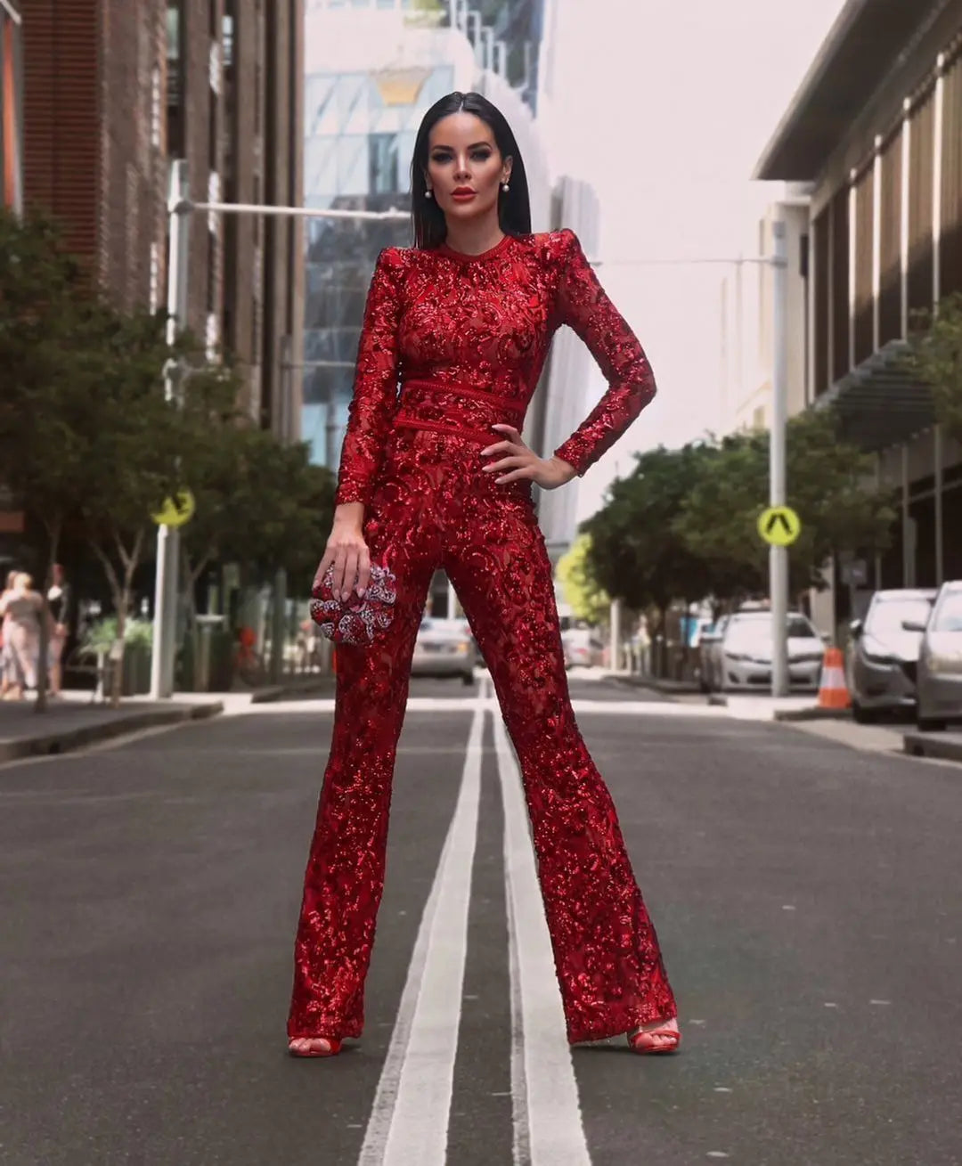 2021 Spring New Jumpsuits Hot Sale Sexy Lace Hollow Out Rompers Red Flame Pants Women's Fashion Club Street Wear