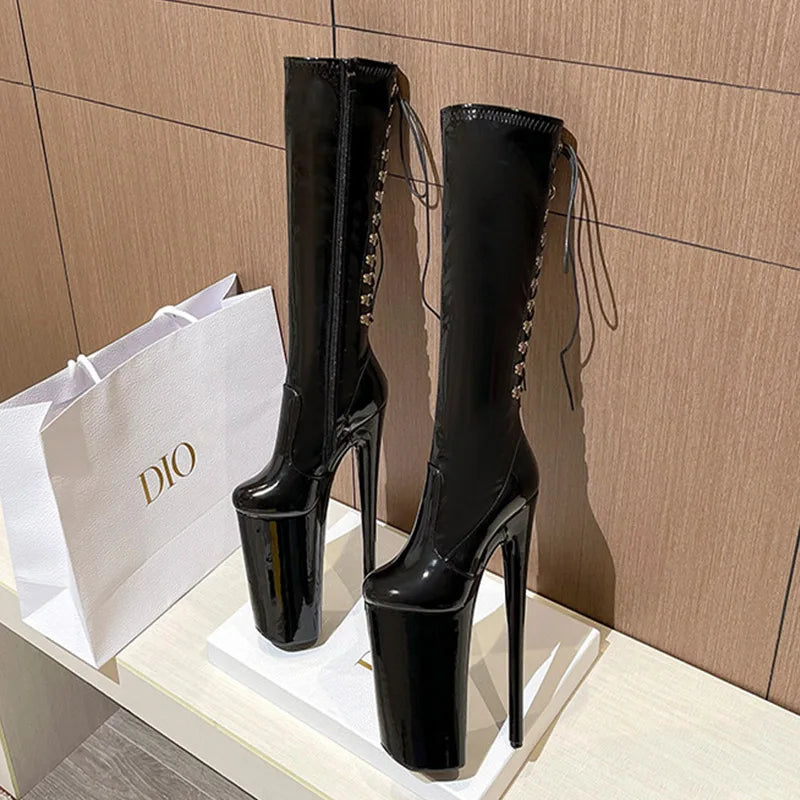 26cm High Heels Mid-Calf Red Black Women Boots Round Head Rear Strap Pole Dance Shoes Fashion Sexy Roman Style bota feminina
