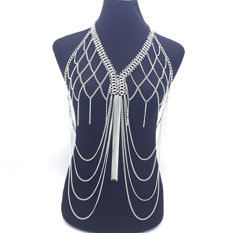 European and American Cross-Border Jewelry Women's Metal Mesh Cut Out Tassel Multi-Layer Chest Chain Nightclub Performance Fashion Clothing Accessories