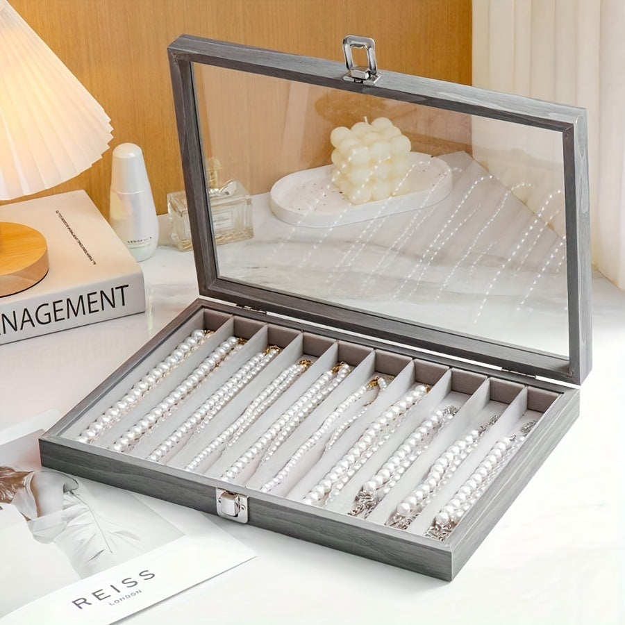 New Glacier Grey Pearl Necklace Storage Box with Lid Glass Dust-proof Long Bracelet Beads Thick Necklace Jewelry Box