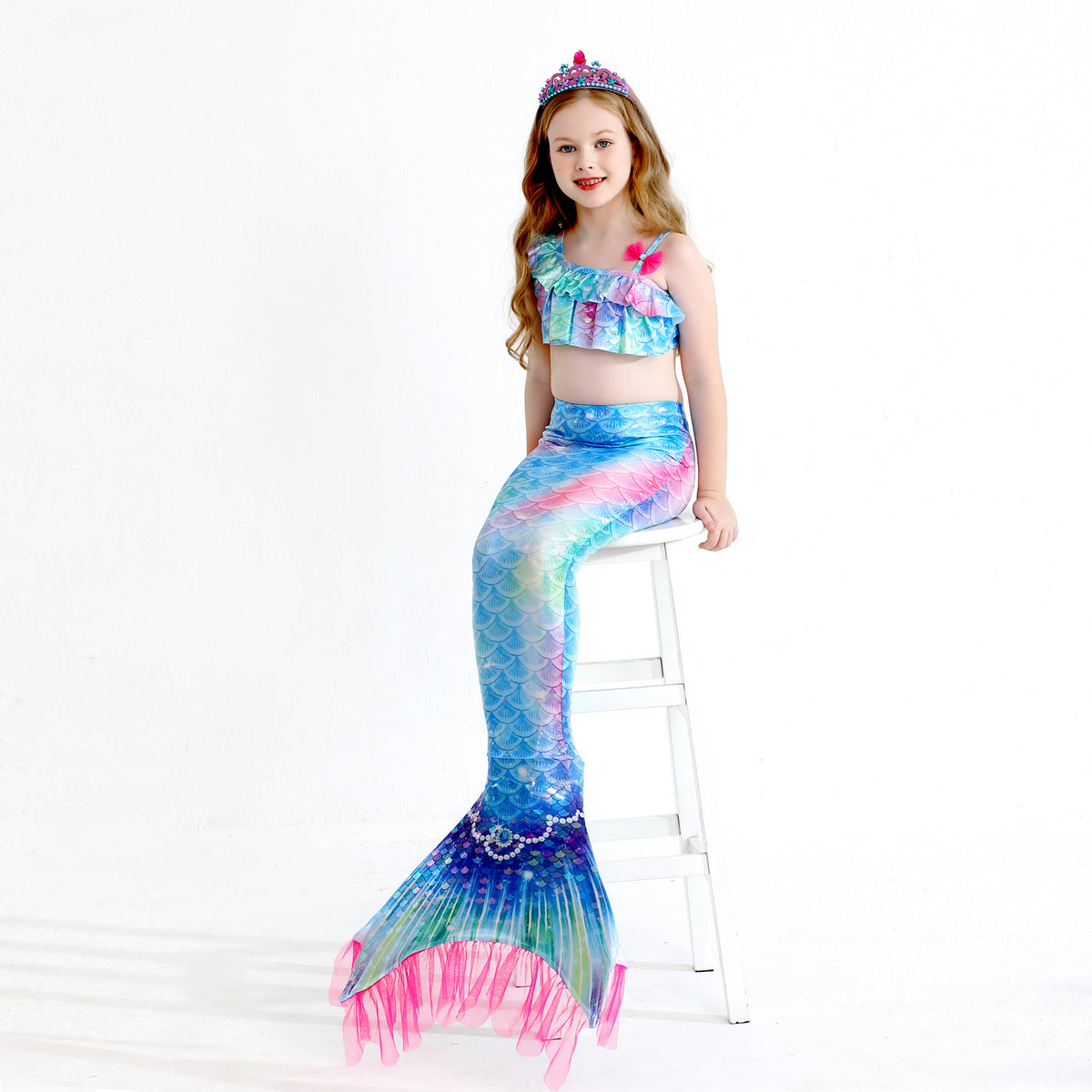 Girls' Mermaid Swimsuit Three-Piece Set Mermaid Tail Cross-Border Popular Bikini Swimsuit Beach Swimwear Shiny