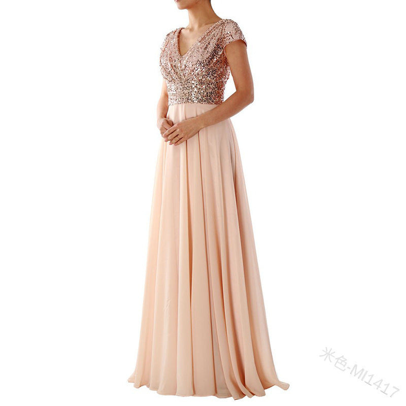 2025 Cross-Border New Spring and Summer European and American Clothing Sleeveless Dress V Neck Sequined Elegant Chiffon Splicing Evening Dress