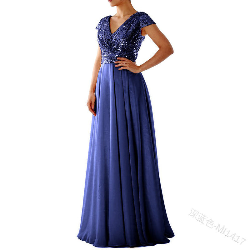 2025 Cross-Border New Spring and Summer European and American Clothing Sleeveless Dress V Neck Sequined Elegant Chiffon Splicing Evening Dress