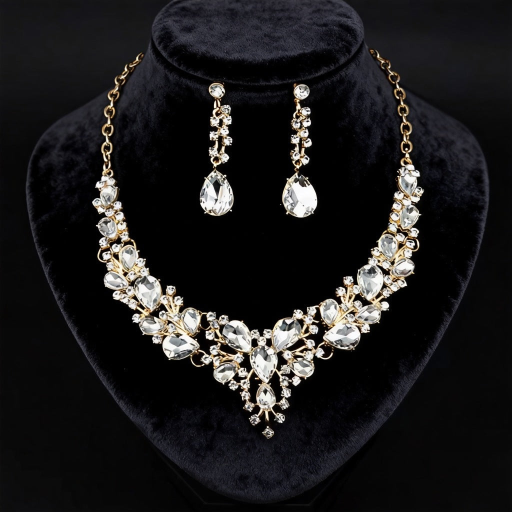 Cross-Border Amazon Jewelry Set Bridal Crystal Accessories Necklace Earrings Two-Piece Set Wedding Dress Women's