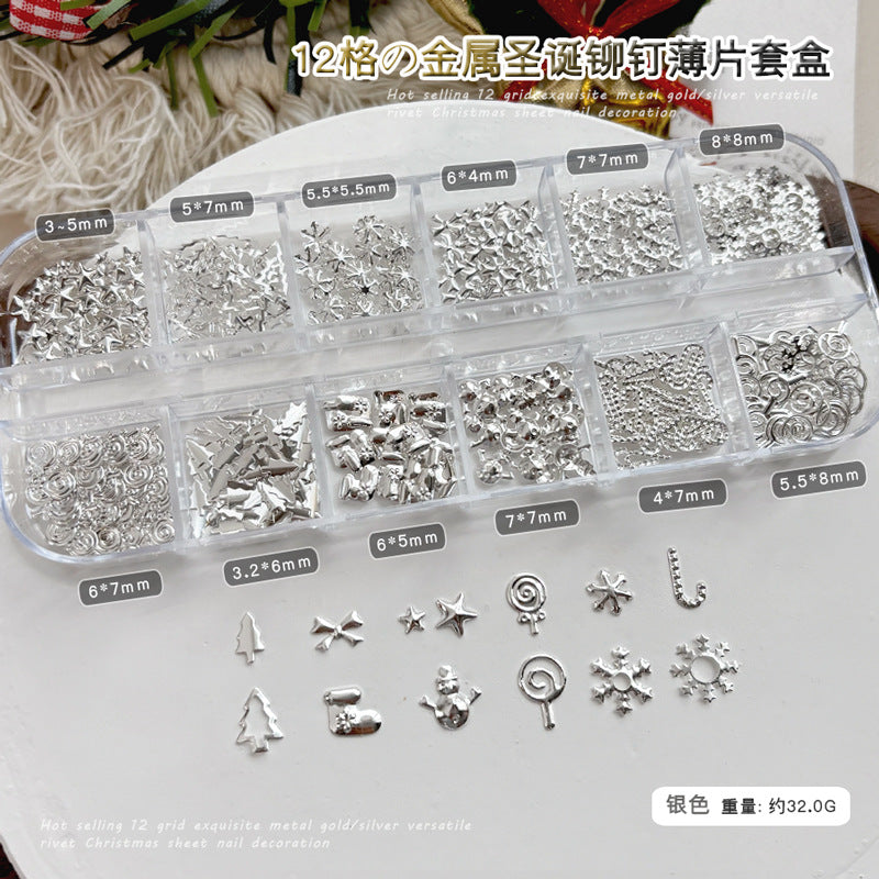 Christmas Rivet Nail Art Jewelry Long Box Special-Shaped Snowflake Alloy Flats Bottom Diamond Metal Nail Jewelry Stickers 12 Grids