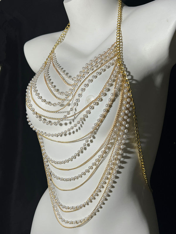 European and American fashion cross-border jewelry summer beach sexy body chest chain handmade pearl chest chain