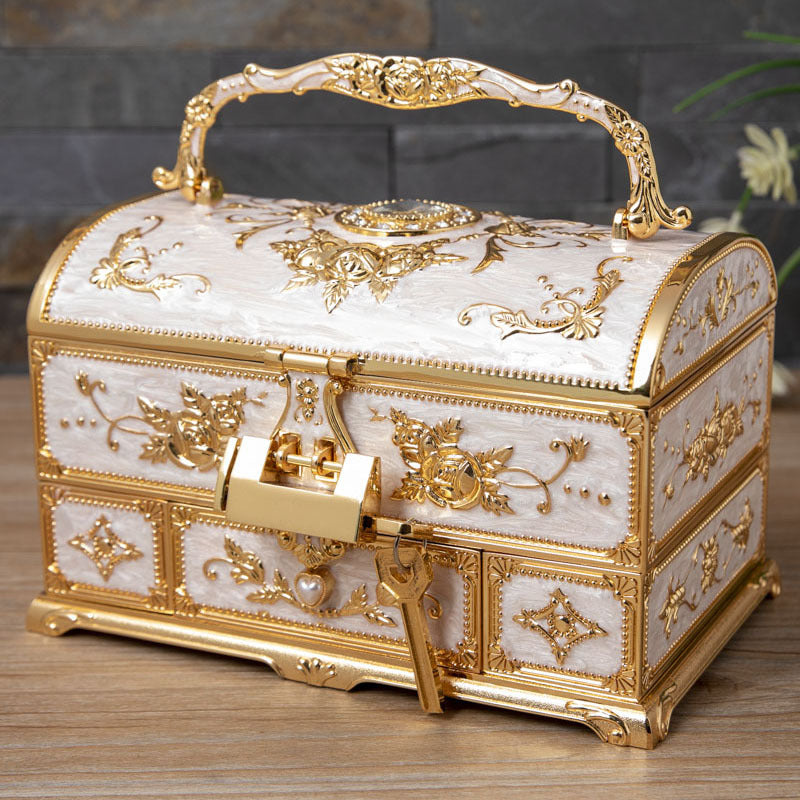 Metal Creative Wedding Engagement Jewelry Box Multi-Layer Large-Capacity Jewelry Storage Box Handle with Mirror Feel