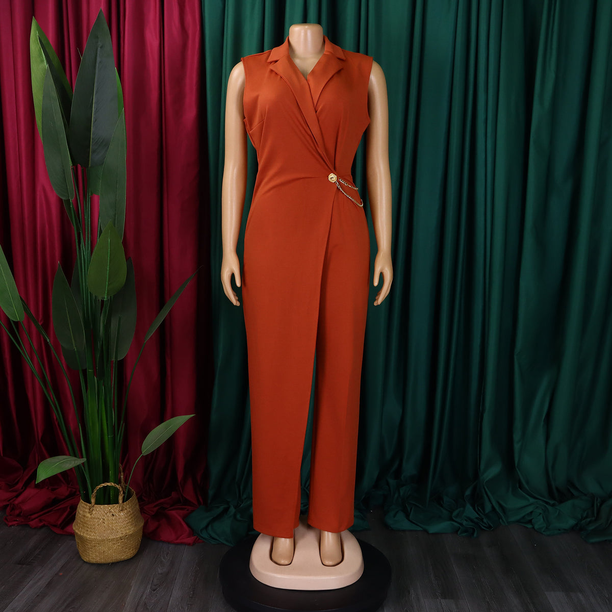 CM.YAYA Women Wide Leg V-Neck Sleeveless Jumpsuits Waist Chain 2024 Summer OL Beach Night Club Playsuit One Piece Suit Romper