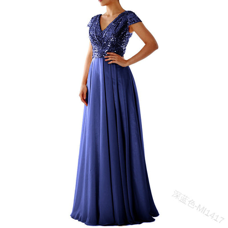 2025 Cross-Border New Spring and Summer European and American Clothing Sleeveless Dress V Neck Sequined Elegant Chiffon Splicing Evening Dress