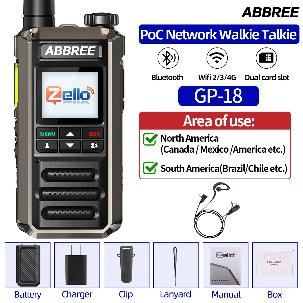 ABBREE GP-18 Zello PoC Radio Global Unlimited Distance Dual SIM Card Slots Android Bluetooth Flashlight WIFI 3G/4G Network Radio