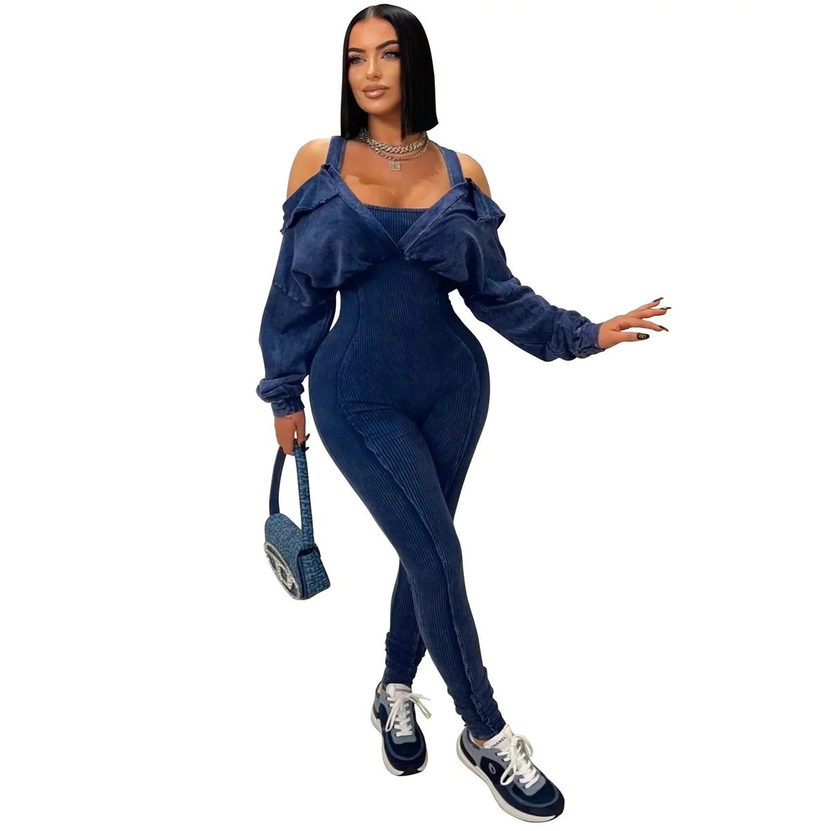 CM.YAYA Fashion Women Knit Ribbed Long Sleeve Moto Biker Jumpsuits Strap Autumn Washed Streetwear Slim One Piece Suit Romper