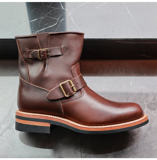 American Casual Engineer Boots Motorcycle Boots Men's Leather Outdoor Boots Goodyear Craftsmanship
