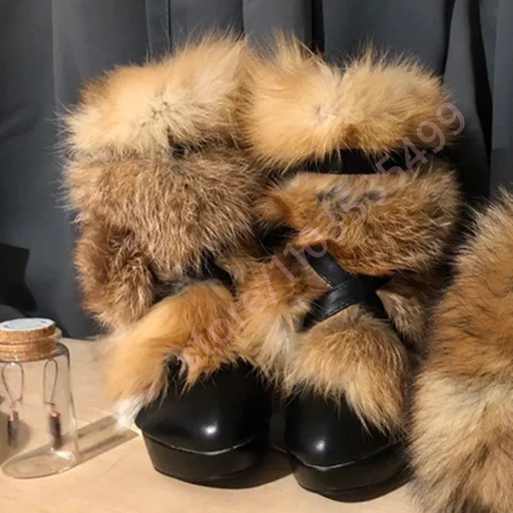 Winter Platform Belt Buckle Soft Fur Short Boots Fashion Show Party Casual Furry Boots New Sexy Women's Stiletto Warm Boots
