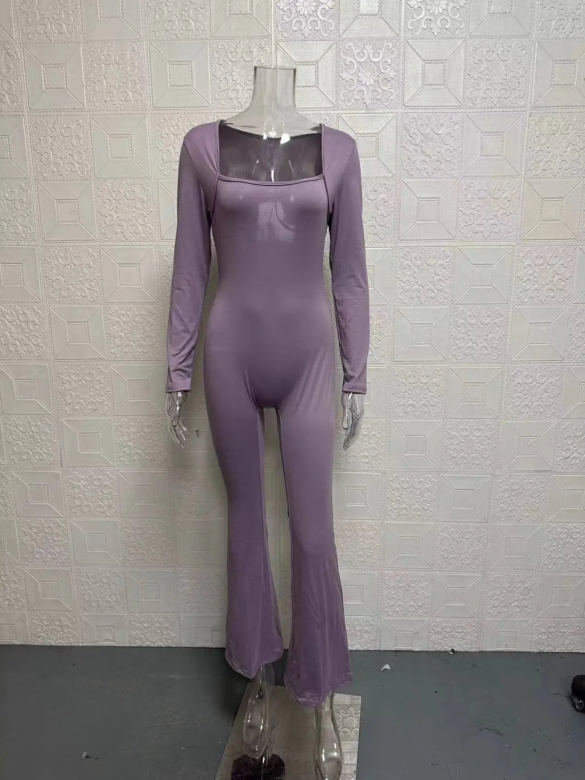 Foreign Trade Women's Long Sleeved Waist Cinching and Waist Lifting Square Collar Wide Leg High Elastic Jumpsuit