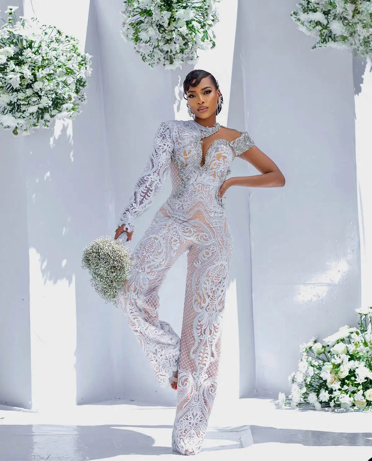 Country Wedding Jumpsuits Dress One Shoulder Beading Bridal Gowns Lace Long Sleeve Elegant Birde Dresses
