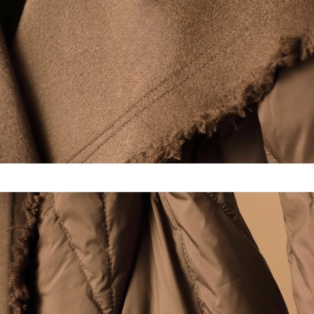 White Duck Down Coat Wool Patchwork 2025 Down Jacket for Women Autumn Winter New Fashion Style Long Puffer Jacket Lady Feather