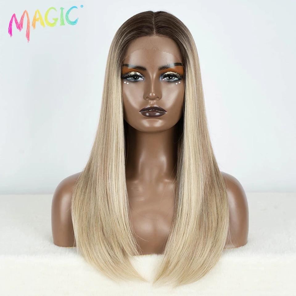 Magic Hair Synthetic Lace Front Wigs For Black Women Straight Bob Wigs 22 inch Easy Wear Ombre Brown Blonde Wig Cosplay Wig