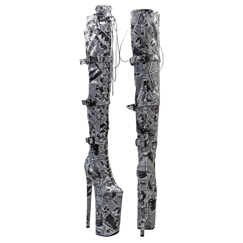Leecabe 26CM/10inches PU English pattern Trend fashion electroplate platform High Heel stripper heel Pole Dance boots