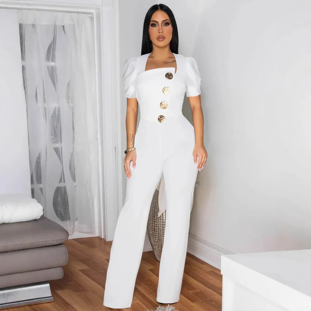 CM.YAYA Fashion Women Button Front Puff Short Sleeve Wide Leg Jumpsuits 2025 Sexy OL Chic Party Outfits One Piece Suit Rompers