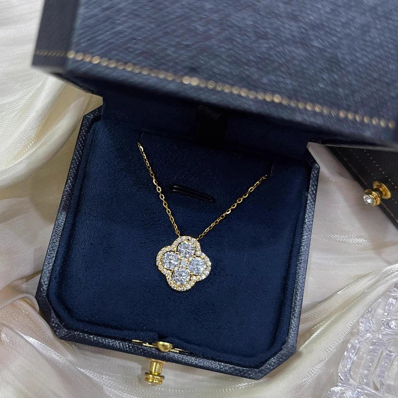 OXTAO Luxury Moissanite Four-leaf Necklace for Women D Color Flower Charm Pendant Necklace Wedding Jewelry Gift 14K Gold Filled