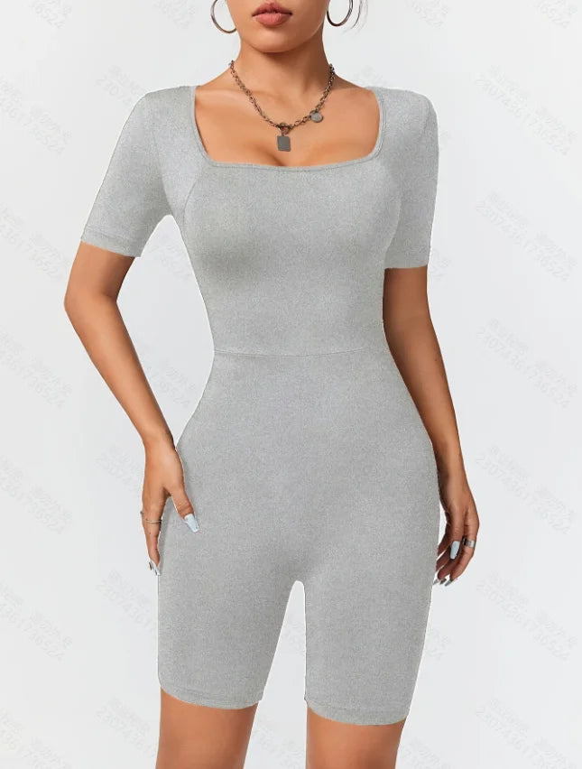 Women's Jumpsuit Suitable For All Seasons Slim Fit Simple Knit High Elasticity Square Neck Short Sleeved Top And Shorts Jumpsuit