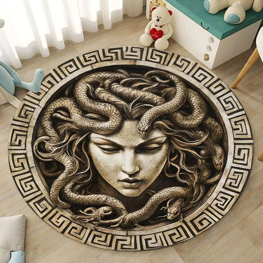1pc Medusa Greek Myth Round Rug Flannel Ancient Art Floor Mat Bedroom Bathroom Decor Snake Hair Goddess Design Soft Carpet