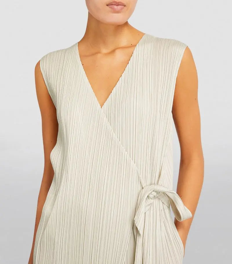 Miyake Pleated Women V-neck Sleeveless Jam Jumpsuits Designer Fashion Double Layered Waist Belt Elegant Clothes