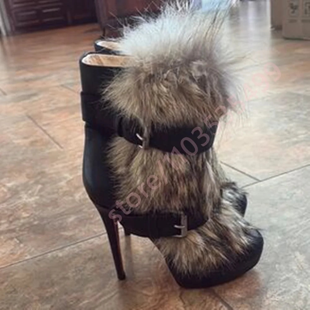 Winter Platform Belt Buckle Soft Fur Short Boots Fashion Show Party Casual Furry Boots New Sexy Women's Stiletto Warm Boots