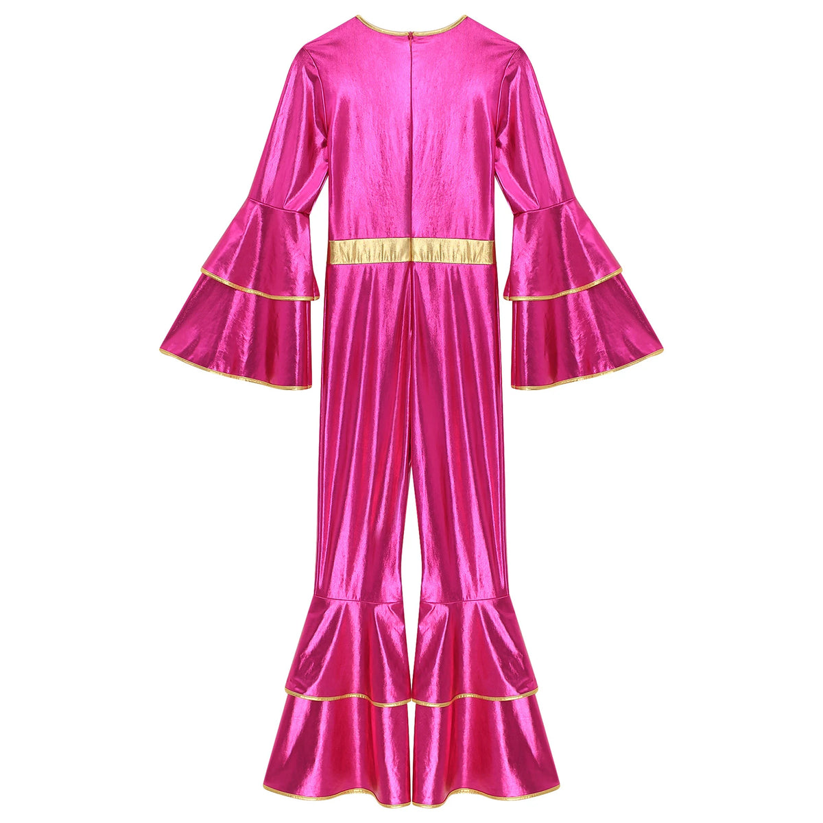 Womens 70S Disco Vintage Jumpsuit Metallic Shiny Flare Sleeve Bodysuit Hippie Bell Bottom Jazz Dance Carnival Rave Party Costume