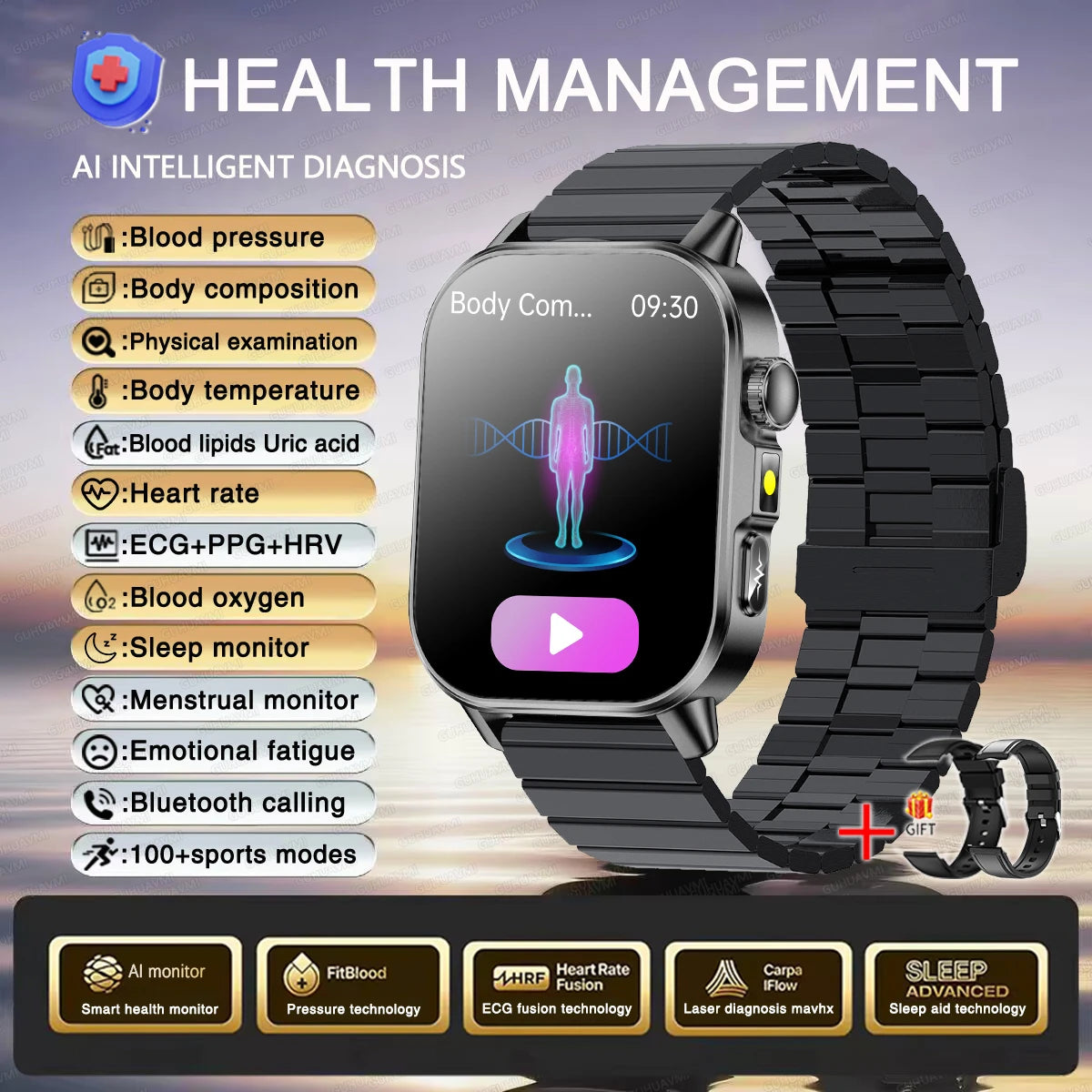 2026 Original Women Health Accurate Diagnosis Smart Watch ECG+HRV BP Blood Oxygen Uric Acid Heart Rate Bluetooth Call Smartwatch