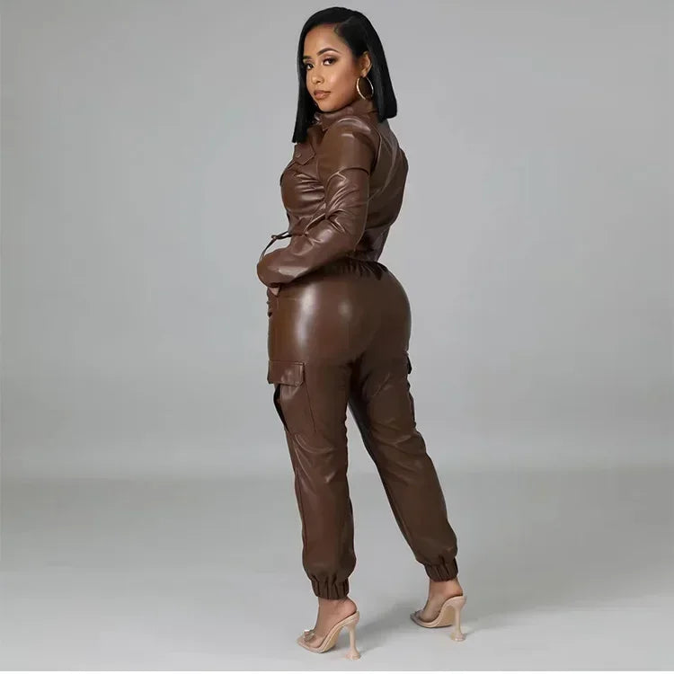Women Jacket Sets 2 Piece Long Sleeved Slim PU Leather Gripped Pants Set Solid Zipper Fly Pencil Pants Slim Fit High Street Suit