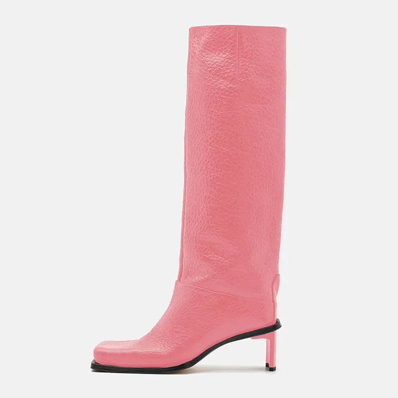 2026New Fashionable Square Head High Heels Women's Knee Length Boots with Side Zipper Stone Pattern Women's Mid Length Boots