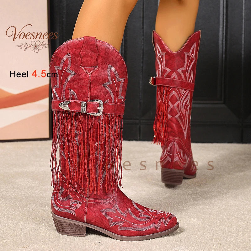 Spring Autumn Red Fringe Women's Mid Calf Boots Block Heels 4.5cm Pointed Toe Embroidery Belt Buckle Western Cowboy Boots Shoes