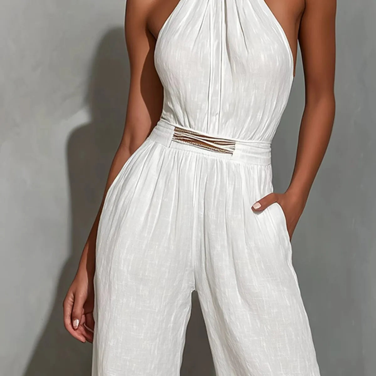 Women's Lace-Trimmed Comfortable Casual Woven Jumpsuit Elastic Waist Wide Leg Jumpsuit for Spring Autumn