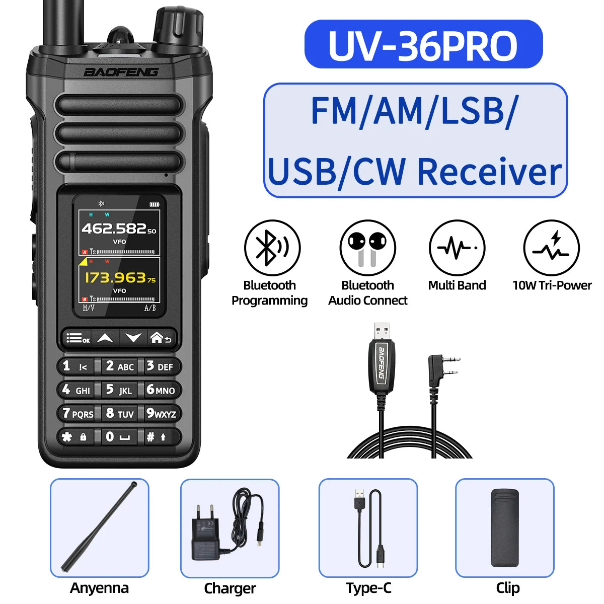BAOFENG UV-36 PRO 10W Tri-Power Walkie Talkie Dual Mode Two Way Radio Bluetooth Programming FM Receiver Handheld Transceiver