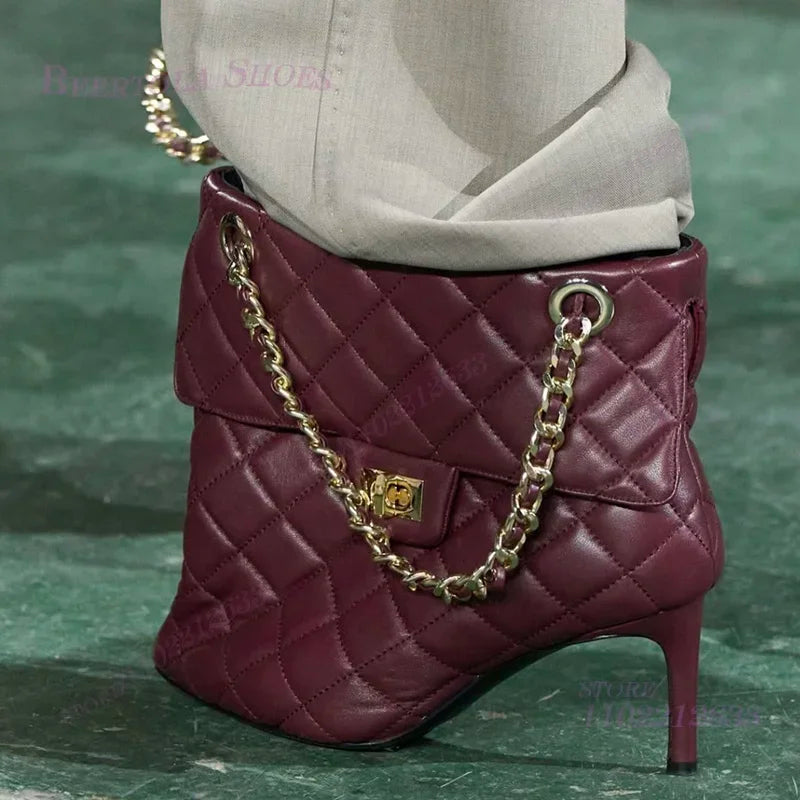 Red Handbag Chain Boots Pointed Toe Women Brown Leather Plaid Metal Buckle Heels Ankle Calf Booties Girl White Stiletto Shoes