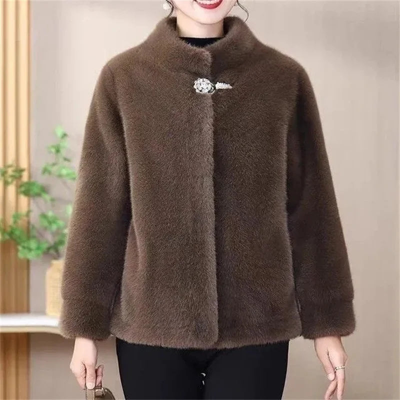 Middle Aged Mother's Clothing Autumn Winter Fashion Mink Fur Fur One-Piece Short Style Stand Collar Fur Jacket Female Warm Coat