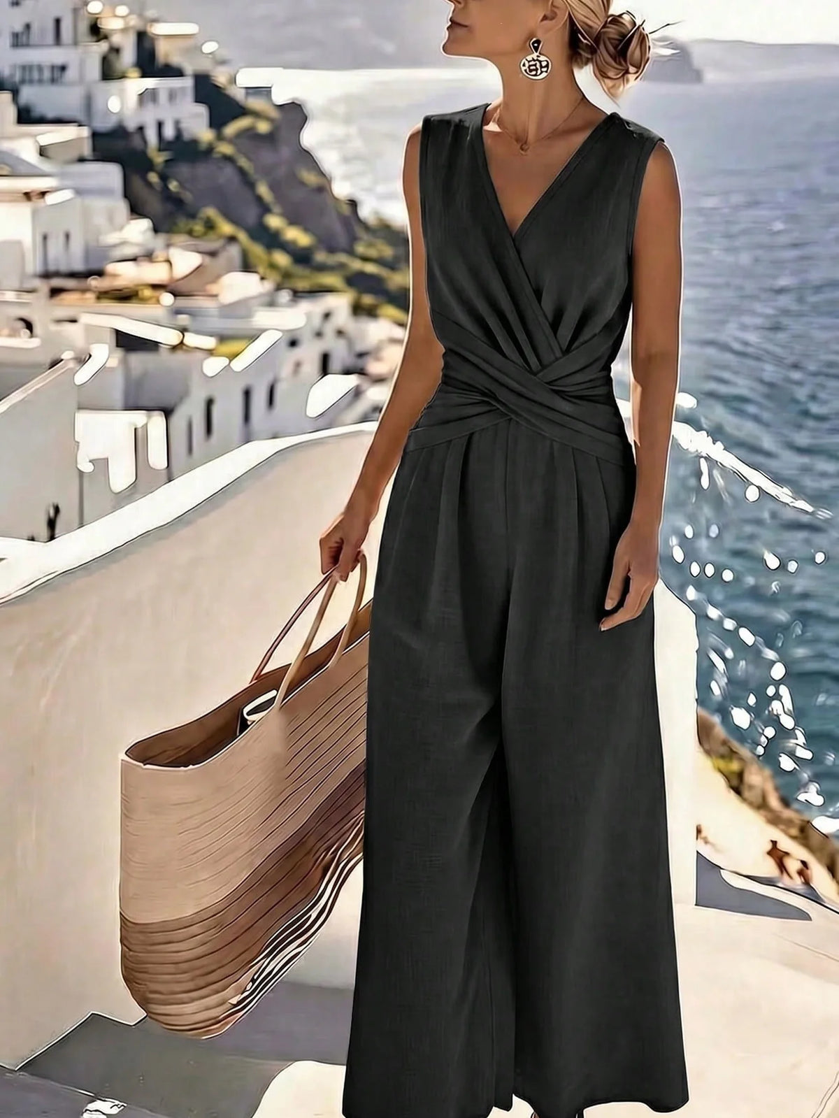 Fashion Light Blue Wide Leg Pants Jumpsuit Women's V-neck Sleeveless Cross Wrap Waist Design Rompers Summer Casual Jumpsuits