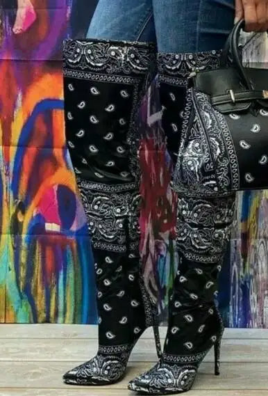 Autumn Royal Blue Red Silk Colorful Print Pointed Toe Over The Knee Boots Women Ethnic Style Hidden Zipper Slim Thigh Long Boots