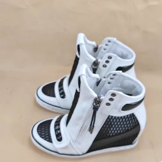 Mesh Net Height Increasing Ankle Boot 8CM Round Toe Hook Loop Leisure Shoes Zipper Rubber Sole Wedge Shoes Black White