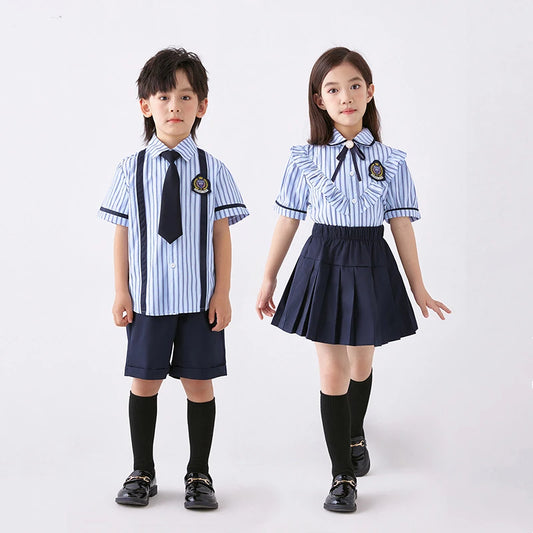 3 Pcs/set British Style Children Summer School Uniform Student Girl Pleated Skirts JK Suit Boys Shirt Shorts Performance Costume