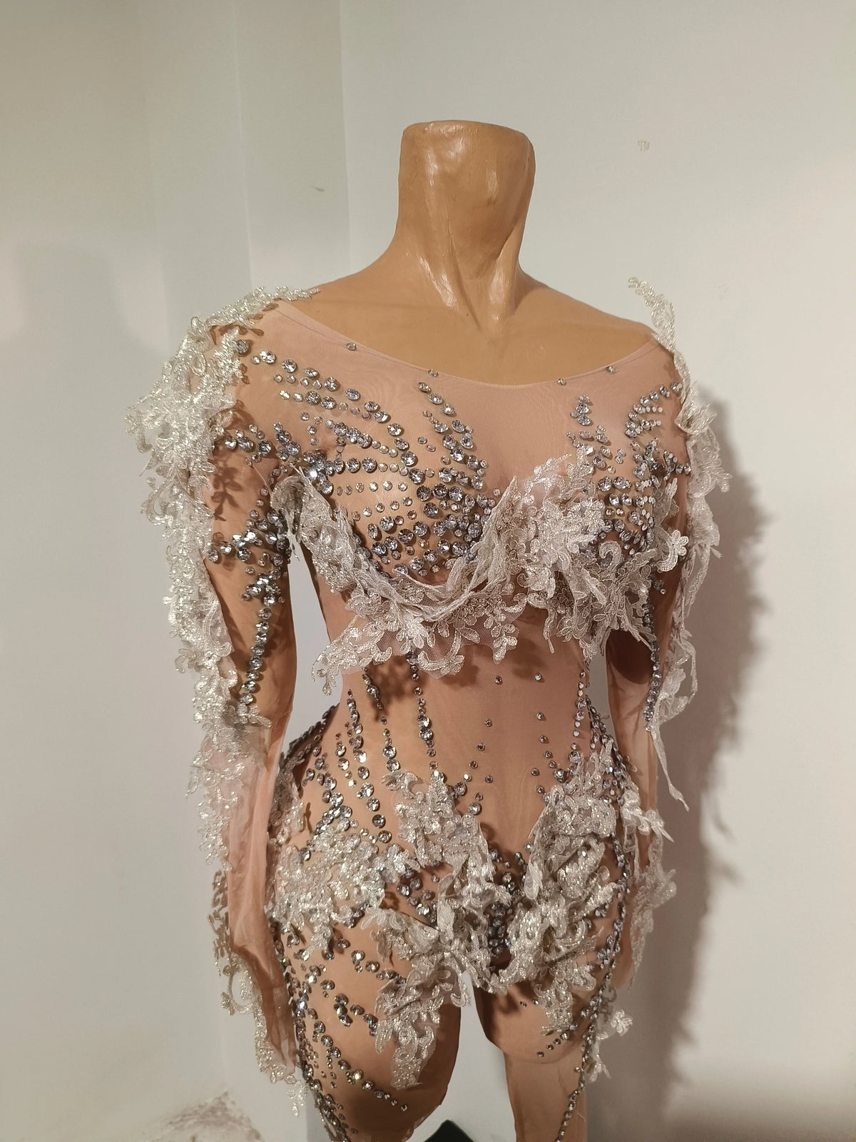Sexy Sparkly Diamond Sequins Long Sleeves Mesh Sheer Stretch Jumpsuit Women Evening Birthday Party Bar Nightclub Stage Show Wear