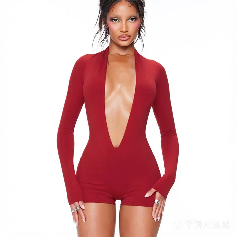 FLARORA Sexy Deep V Neck Slim Rompers Woman Solid Color Full Sleeve Stretch Skinny Peach Hip Playsuits Hot Girl Party Clubwear